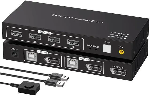 Main image of WRIARICH 2 Port Displayport KVM Switch 4K @60Hz, USB 2.0 DP 1.2 DP KVM Switches for 2 PC 1 Monitor Switch, DP KVM Switch 2 in 1 Out Support Wire-Desktop Controller Including 2 USB 2.0 Cable