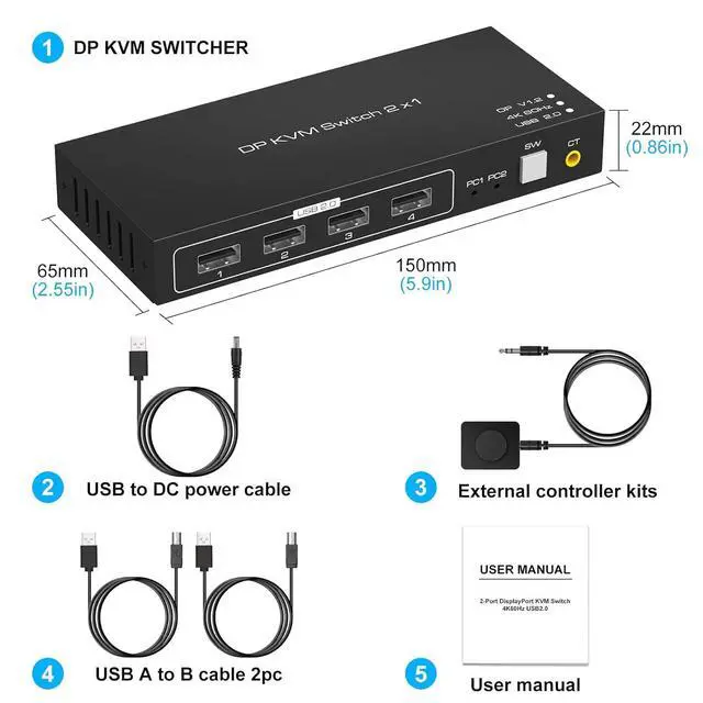 Alt view image 7 of 7 - WRIARICH 2 Port Displayport KVM Switch 4K @60Hz, USB 2.0 DP 1.2 DP KVM Switches for 2 PC 1 Monitor Switch, DP KVM Switch 2 in 1 Out Support Wire-Desktop Controller Including 2 USB 2.0 Cable