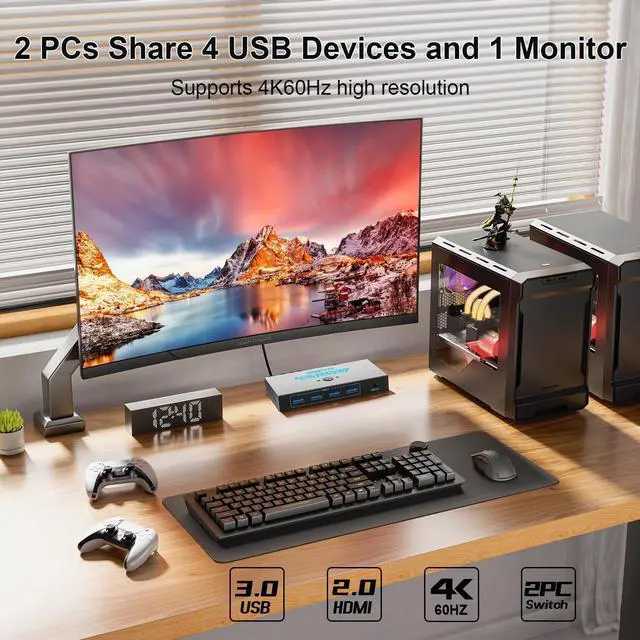 Alt view image 3 of 6 - WRIARICH HDMI 2.0 KVM Switch 1 Monitors 2 Computers, with 4 USB 3.0 Switch, 4K@60Hz 2 Port HDMI KVM Switches 2 in 1 Out, Support Wired Remote and Button Switch, Sharing Keyboard & Mouse, Plug and Play