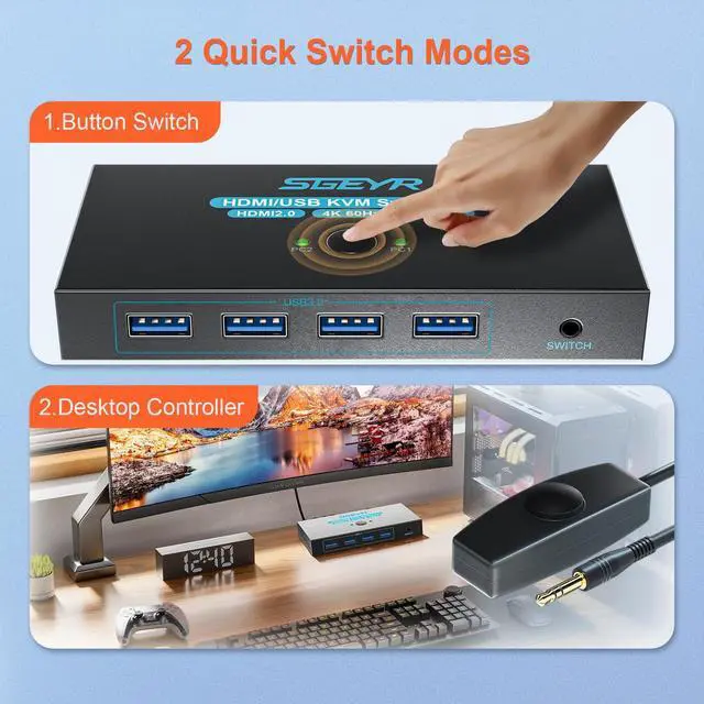Alt view image 5 of 6 - WRIARICH HDMI 2.0 KVM Switch 1 Monitors 2 Computers, with 4 USB 3.0 Switch, 4K@60Hz 2 Port HDMI KVM Switches 2 in 1 Out, Support Wired Remote and Button Switch, Sharing Keyboard & Mouse, Plug and Play
