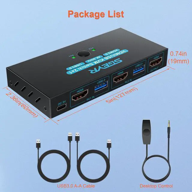 Alt view image 6 of 6 - WRIARICH HDMI 2.0 KVM Switch 1 Monitors 2 Computers, with 4 USB 3.0 Switch, 4K@60Hz 2 Port HDMI KVM Switches 2 in 1 Out, Support Wired Remote and Button Switch, Sharing Keyboard & Mouse, Plug and Play