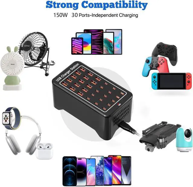 Alt view image 4 of 7 - 150W USB Charging Station, 30-Ports Multi Device Charger with Intelligent Safety Features, Charging Station for Multiple Devices Phone,Watch,Headphones Suitable for Home, Office, Travel, School