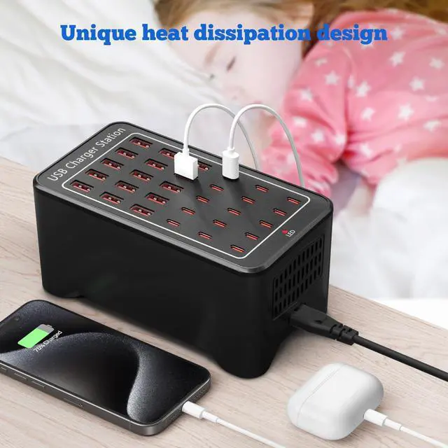 Alt view image 5 of 7 - 150W USB Charging Station, 30-Ports Multi Device Charger with Intelligent Safety Features, Charging Station for Multiple Devices Phone,Watch,Headphones Suitable for Home, Office, Travel, School