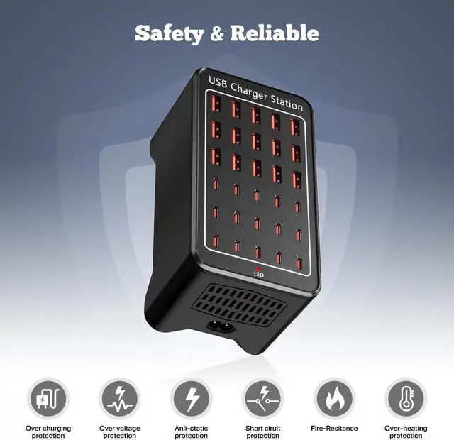 Alt view image 6 of 7 - 150W USB Charging Station, 30-Ports Multi Device Charger with Intelligent Safety Features, Charging Station for Multiple Devices Phone,Watch,Headphones Suitable for Home, Office, Travel, School