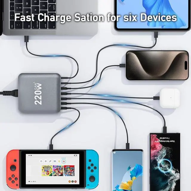 Alt view image 2 of 7 - USB Charging Station for Multiple Devices, 220W 6-Port USB Charging Hub with 4 PD USB-C, 2 QC USB-A, Max 100W Output Fast Charging Station for i-Phone, Android Cellphones, Switch, Tablet etc..