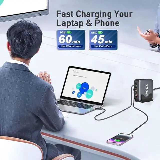 Alt view image 3 of 7 - USB Charging Station for Multiple Devices, 220W 6-Port USB Charging Hub with 4 PD USB-C, 2 QC USB-A, Max 100W Output Fast Charging Station for i-Phone, Android Cellphones, Switch, Tablet etc..