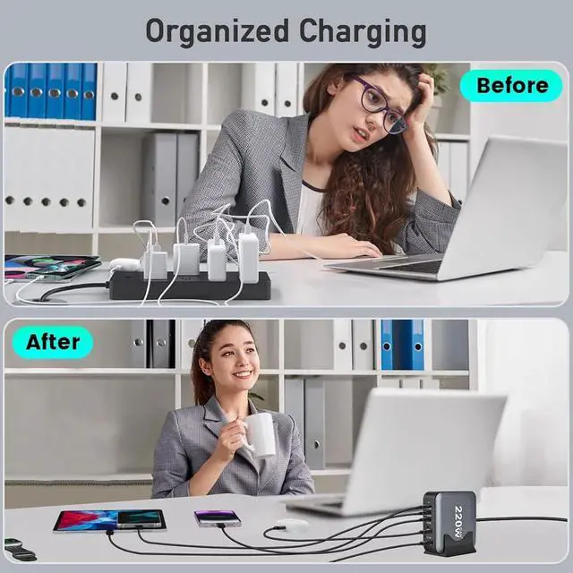 Alt view image 5 of 7 - USB Charging Station for Multiple Devices, 220W 6-Port USB Charging Hub with 4 PD USB-C, 2 QC USB-A, Max 100W Output Fast Charging Station for i-Phone, Android Cellphones, Switch, Tablet etc..