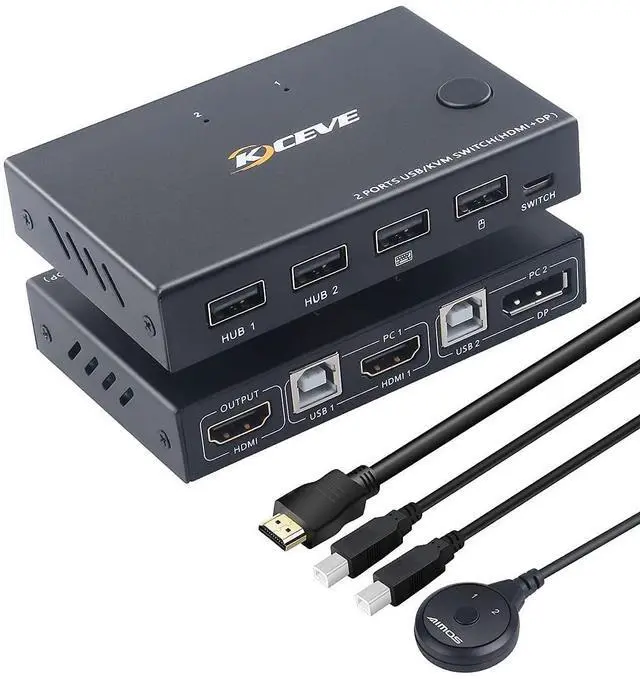 Main image of WRIARICH 2 Ports Displayport HDMI KVM Switch Box, Displayport and HDMI KVM Switcher for 2 Computers Sharing One HD Monitor and 4 USB Devices Keyboard Mouse Printer, with DP to HDMI Adapter Function