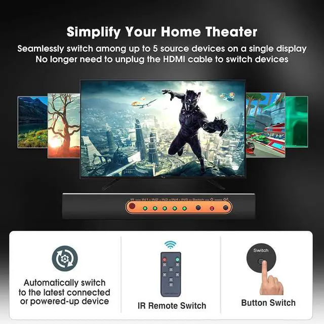 Alt view image 4 of 7 - WRIARICH 4K @60Hz HDMI Switch 5 Port Premium 5 in 1 Out 4K HDMI Switcher with IR Remote Support Auto-Switch, HDMI 2.0,HDCP 2.2,UHD,HDR,Full HD,3D,1080P (Upgraded Version)