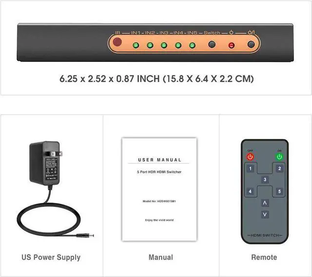 Alt view image 7 of 7 - WRIARICH 4K @60Hz HDMI Switch 5 Port Premium 5 in 1 Out 4K HDMI Switcher with IR Remote Support Auto-Switch, HDMI 2.0,HDCP 2.2,UHD,HDR,Full HD,3D,1080P (Upgraded Version)