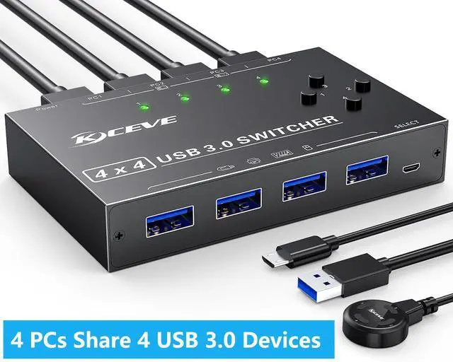 Main image of 4 x4 USB 3.0 Switch 4 Computers, 4 Port USB Switch Selector Sharing 4 USB Devices,Keyboard Mouse Switch,USB Switcher Compatible with Mac/Windows/Linux,Wired Remote and 4 USB 3.0 Cable Included