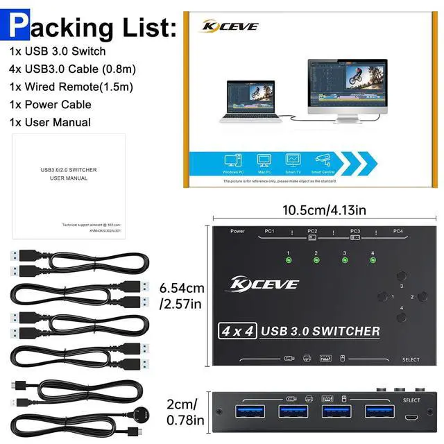 Alt view image 7 of 7 - 4 x4 USB 3.0 Switch 4 Computers, 4 Port USB Switch Selector Sharing 4 USB Devices,Keyboard Mouse Switch,USB Switcher Compatible with Mac/Windows/Linux,Wired Remote and 4 USB 3.0 Cable Included