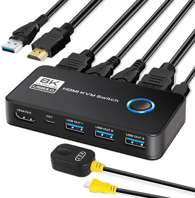 Main image of 2 Port HDMI KVM Switch, 8K@60Hz 4K@120Hz HDMI USB 3.0 KVM Switch for 2 Computer Share 1 HD Monitor and 3 USB 3.0 Devices, Included Wired Remote, 2 HD-MI 2.1 Cables and 2 USB 3.0 Cables giyqxHw