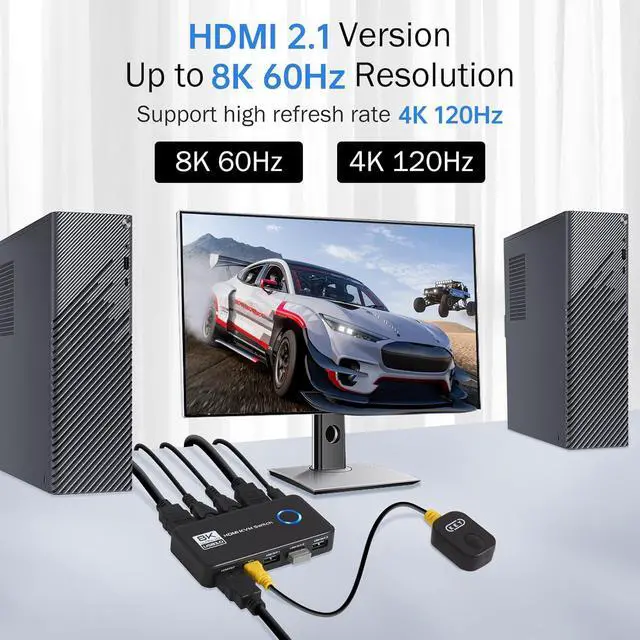 Alt view image 3 of 7 - 2 Port HDMI KVM Switch, 8K@60Hz 4K@120Hz HDMI USB 3.0 KVM Switch for 2 Computer Share 1 HD Monitor and 3 USB 3.0 Devices, Included Wired Remote, 2 HD-MI 2.1 Cables and 2 USB 3.0 Cables giyqxHw