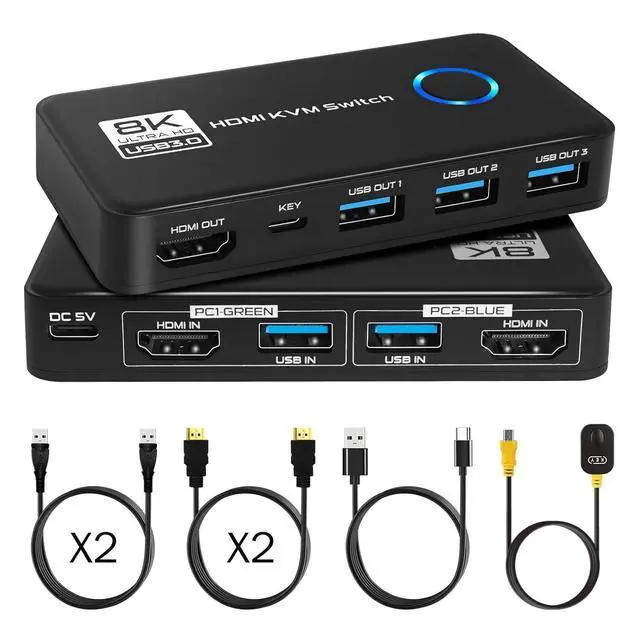 Alt view image 7 of 7 - 2 Port HDMI KVM Switch, 8K@60Hz 4K@120Hz HDMI USB 3.0 KVM Switch for 2 Computer Share 1 HD Monitor and 3 USB 3.0 Devices, Included Wired Remote, 2 HD-MI 2.1 Cables and 2 USB 3.0 Cables giyqxHw