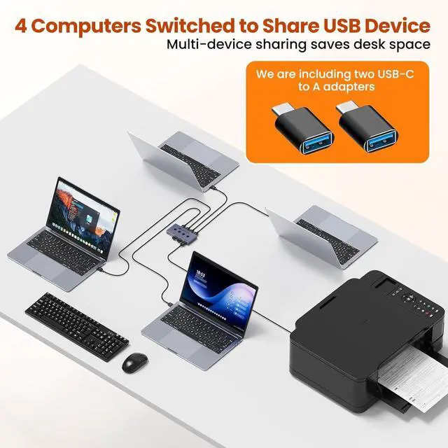 Alt view image 4 of 7 - USB 3.2 Switch Selector 4 Computers Share 4 USB Devices 10Gbps High-Speed USB Sharing Switch with 1 USB-C & 3 USB-A Ports, Keyboard Mouse Switcher for PC Laptop with Remote Control&Power Adaper