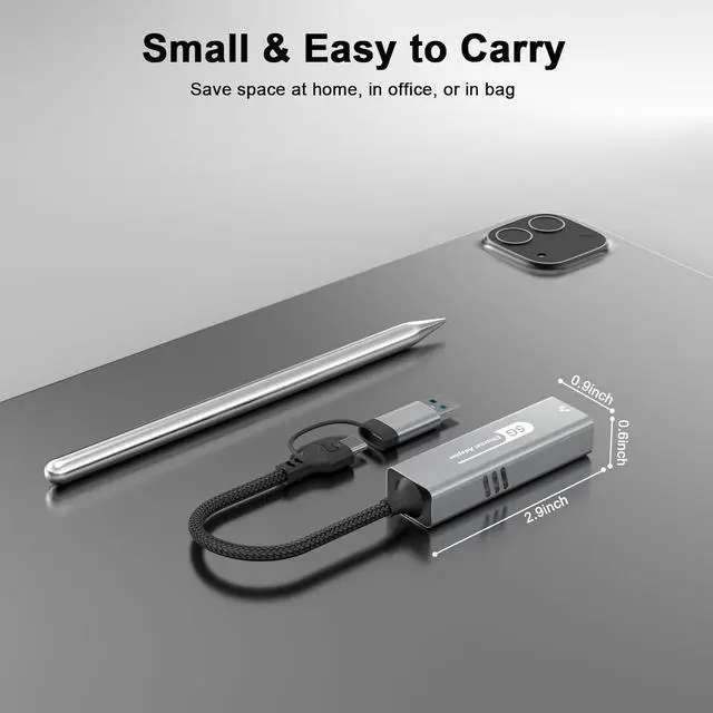 Alt view image 6 of 7 - USB C to Ethernet Adapter 5Gbps, 2-in-1 USB to 5Gbps Ethernet Cable, 5000Mbps Type C to RJ45 Network LAN Internet Converter, Aluminum Case Compatible for i-Phone 16 15 Pro Max, MacBook Pro/Air