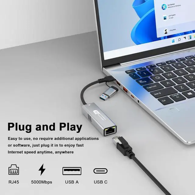 Alt view image 7 of 7 - USB C to Ethernet Adapter 5Gbps, 2-in-1 USB to 5Gbps Ethernet Cable, 5000Mbps Type C to RJ45 Network LAN Internet Converter, Aluminum Case Compatible for i-Phone 16 15 Pro Max, MacBook Pro/Air