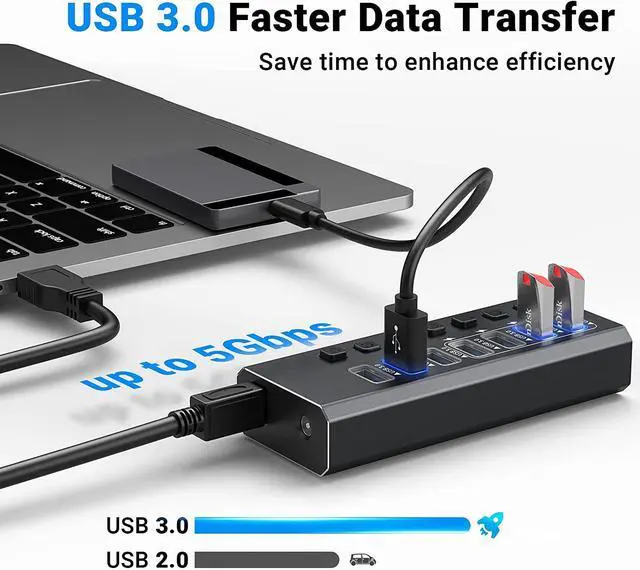 Alt view image 3 of 6 - USB Hub 3.0 Powered, 7-Port Powered USB 3.0 Hub with Individual Switches & 12V Power Adapter & 39'' Long Cable USB Expander Hub Splitter for Mac-Book Air Pro,Mac Mini,i-Mac All Laptops Desktops