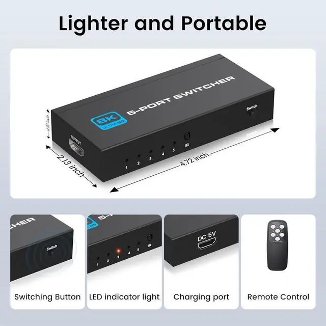 Alt view image 7 of 7 - HDMI 2.1 Switch, 5-Port HDMI 8K Switch with Remote Supports 4K@120Hz, 8K@60Hz Auto CEC 3D HDCP2.3, Ultra HD HDMI Switcher Splitter Compatible with PS5/4/3, Xbox,roku, Fire Stick, TV,Projectors