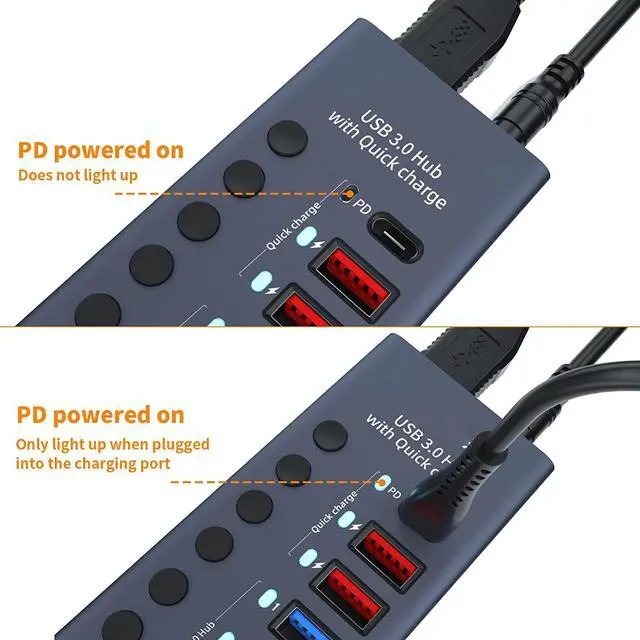 Alt view image 5 of 7 - WRIARICH Aluminum Powered USB 3.0 Hub, 7-Port USB Hub Splitter (4 USB 3.0 Data Transmission Ports + 2 Smart Charging Ports + 1 PD Charging Port), with 36W (12V/3A) Power Adapter and Independent Switch