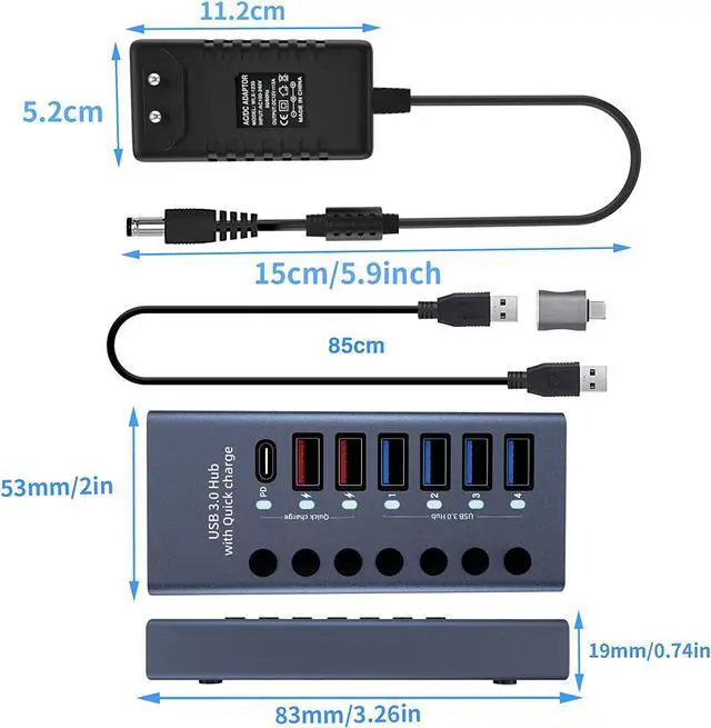 Alt view image 7 of 7 - WRIARICH Aluminum Powered USB 3.0 Hub, 7-Port USB Hub Splitter (4 USB 3.0 Data Transmission Ports + 2 Smart Charging Ports + 1 PD Charging Port), with 36W (12V/3A) Power Adapter and Independent Switch