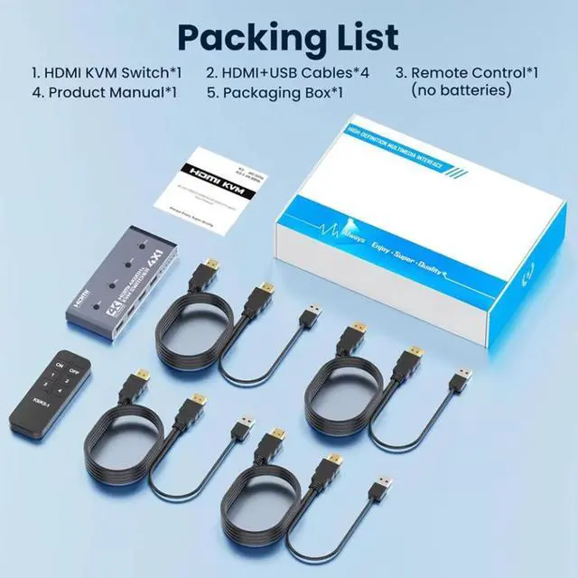 Alt view image 7 of 7 - WRIARICH 4 in 1 Out HDMI KVM Switch 4 Computer 1 Monitor, 4 Port HDMI USB Switch for 4 Computer Share a 4K@60Hz Monitor & 4 USB Devices, Keyboard, Mouse, Includes 4 KVM Cables & Remote Controller