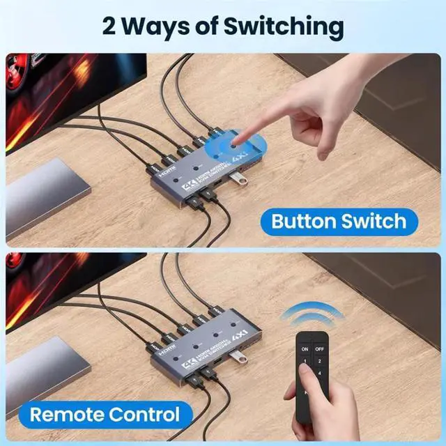 Alt view image 5 of 7 - WRIARICH 4 in 1 Out HDMI KVM Switch 4 Computer 1 Monitor, 4 Port HDMI USB Switch for 4 Computer Share a 4K@60Hz Monitor & 4 USB Devices, Keyboard, Mouse, Includes 4 KVM Cables & Remote Controller