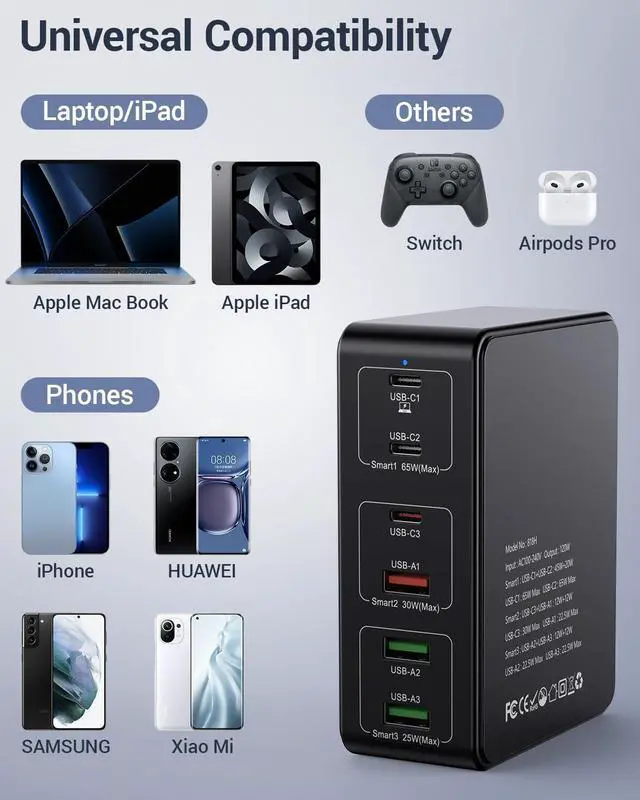 Alt view image 2 of 7 - 120W USB C Charging Station, Multiport USB Charging Station, Multi USB Charger Station, 6 Ports USB Charging Station for Multiple Devices, USB Charging Hub Compatible with MacBook, Laptop, Smartphones
