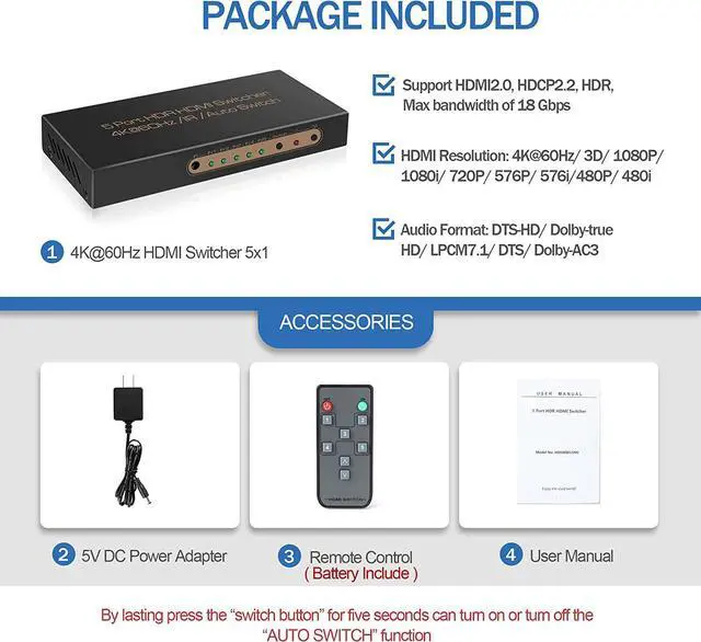 Alt view image 5 of 7 - WRIARICH 4K @60HZ HDMI Switch 5x1, HDMI 2.0 Switch 5 in 1 Out, 4K HDMI Switch with Remote Control Support Auto Switch, 3D, HDR 10, 18Gbps, HDCP 2.2 for PS5, Xbox, DVD, Monitor
