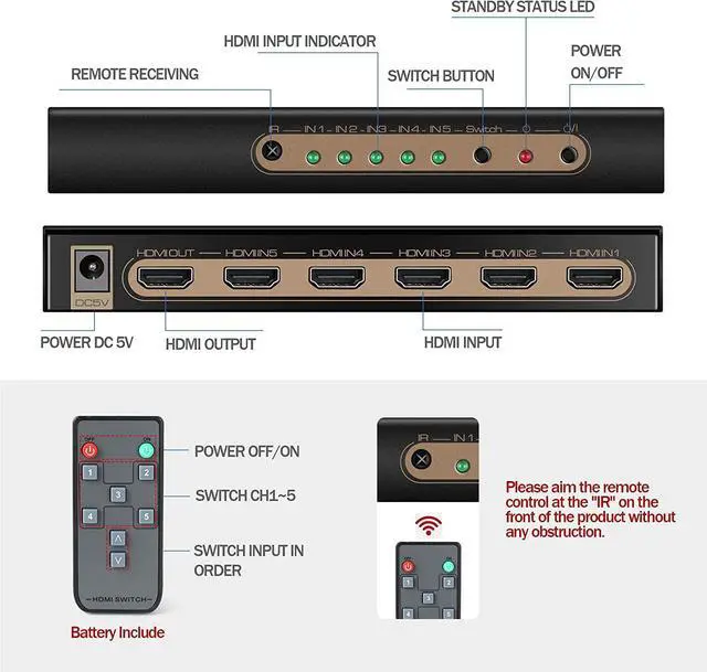 Alt view image 6 of 7 - WRIARICH 4K @60HZ HDMI Switch 5x1, HDMI 2.0 Switch 5 in 1 Out, 4K HDMI Switch with Remote Control Support Auto Switch, 3D, HDR 10, 18Gbps, HDCP 2.2 for PS5, Xbox, DVD, Monitor