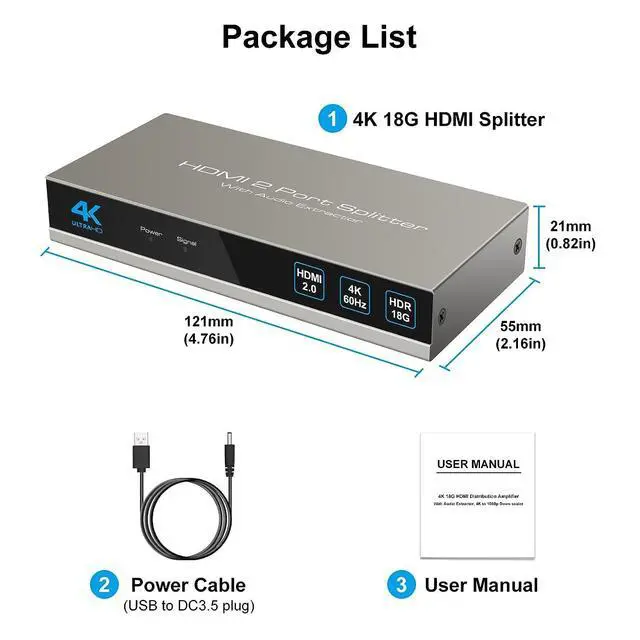 Alt view image 7 of 7 - HDMI Splitter Audio Extractor 1 in 2 out 4K 60Hz HDMI Dual Monitor Adapter with Optical Toslink SPDIF+3.5mm Audio out for Dual Monitors Duplicate/Mirror only Supports Auto Downscaling HDCP2.3 HDMI 2.0