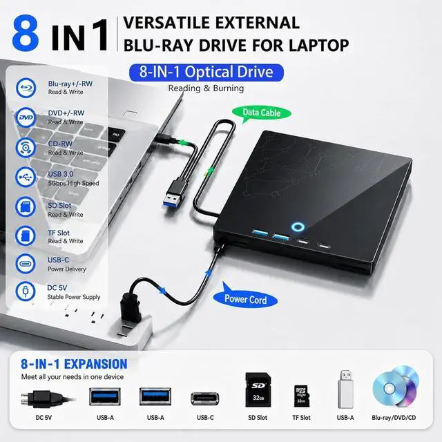 Alt view image 2 of 7 - External CD/DVD Drive for Laptop, USB 3.0 Type C External DVD Burner CD Reader for Laptop, 8 in 1 Portable CD DVD Player with SD/TF Ports, External Optical Drive for Windows 11 10 Linux MacOS