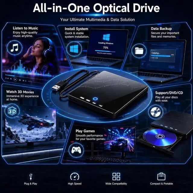 Alt view image 6 of 7 - External CD/DVD Drive for Laptop, USB 3.0 Type C External DVD Burner CD Reader for Laptop, 8 in 1 Portable CD DVD Player with SD/TF Ports, External Optical Drive for Windows 11 10 Linux MacOS