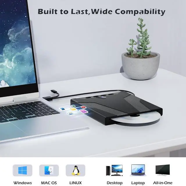 Alt view image 6 of 7 - 8 in 1 External CD/DVD Drive for Laptops, Slot-Loading Portable CD Reader for Laptop, CDs Drive External USB 3.0 & Type C CD DVD Drive Externals CD Burner Compatible with PC Windows Linux MacOS
