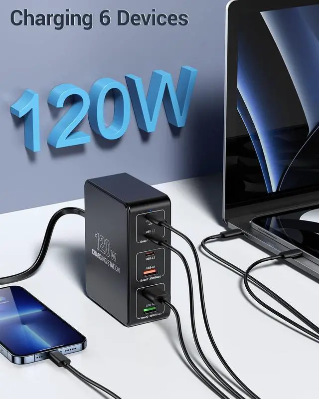 Alt view image 2 of 7 - USB C Charging Station,120W Multiport USB Charging Station, 6 Ports Multi USB Charger Station, Charging Station for Multiple Devices, USB Charging Hub Compatible with Ma-c-B-ook, Laptop,Smartphones..