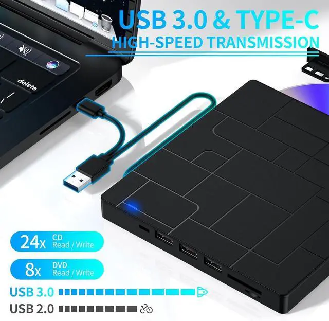 Alt view image 2 of 7 - WRIARICH External CD/DVD Drive for Laptop, 7-IN-1 USB 3.0 Slim Portable DVD Player, CD ROM Burner, Writer, External Optical Disk Drive Compatible with Laptop Desktop PC Windows Mac Linux OS