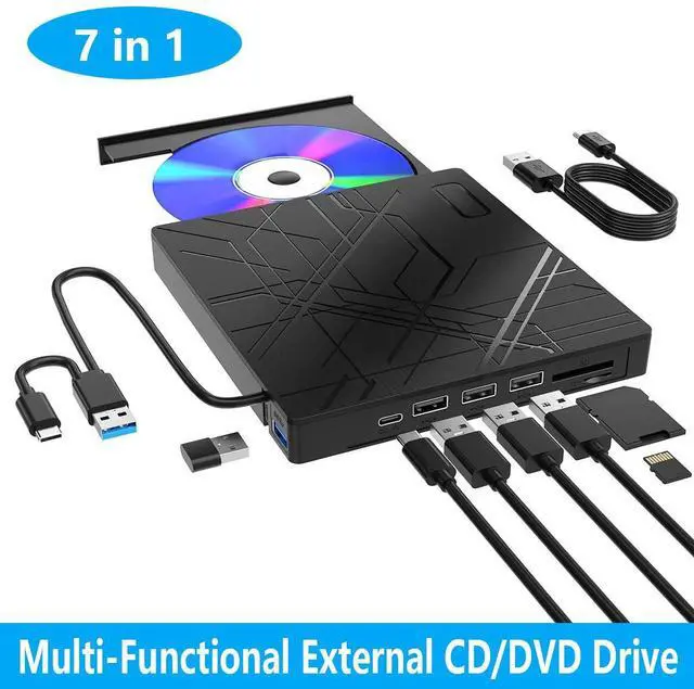 Main image of 7 in 1 External CD/DVD Drive for Laptop, USB 3.0 Ultra Slim Portable CD Burner with 4 USB Ports and 2 TF/SD Card Slots, External CD DVD Drive Compatible with Mac, PC, Windows 11/10/8/7, Linux
