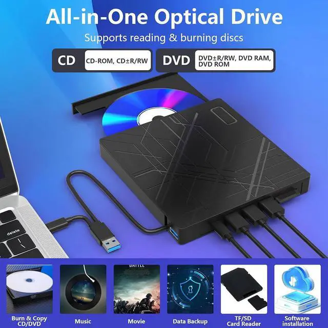 Alt view image 3 of 7 - 7 in 1 External CD/DVD Drive for Laptop, USB 3.0 Ultra Slim Portable CD Burner with 4 USB Ports and 2 TF/SD Card Slots, External CD DVD Drive Compatible with Mac, PC, Windows 11/10/8/7, Linux