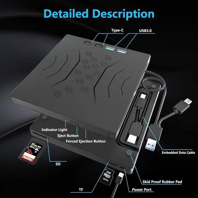 Alt view image 2 of 7 - 7 in 1 External CD DVD Drive, USB 3.0 & Type-C External CD/DVD Drive for Laptop, Portable CD/DVD +/-RW Disk Drive, CD/DVD Burner CD ROM External Drive for Laptop Desktop PC Windows 7/8/10/XP Mac Linux