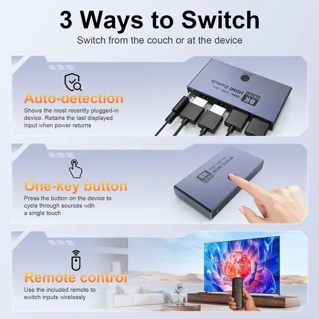 Alt view image 4 of 7 - WRIARICH HDMI 2.1 Switch 3 in 1 Out, 8K@60Hz 4K@240Hz/120Hz 48Gbps, HDMI Switcher with Remote & Detection-Switching, VRR HDR10+ Do-lb-y Vision/At-mos CEC HDCP2.3, Aluminum Alloy HDMI Selector