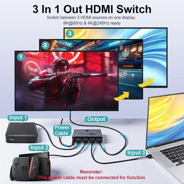 Alt view image 2 of 7 - WRIARICH HDMI 2.1 Switch 3 in 1 Out, 8K@60Hz 4K@240Hz/120Hz 48Gbps, HDMI Switcher with Remote & Detection-Switching, VRR HDR10+ Do-lb-y Vision/At-mos CEC HDCP2.3, Aluminum Alloy HDMI Selector