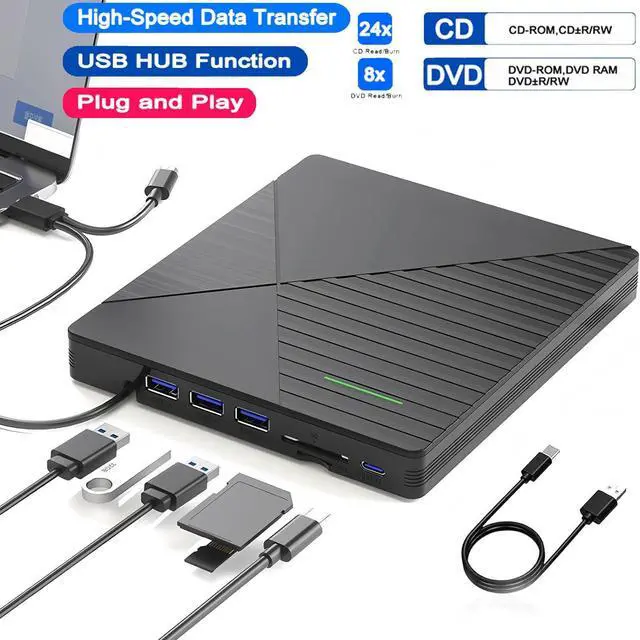 Main image of 7 in 1 External CD DVD Drive for Laptop with 3 USB Ports & TF/SD Card Slots, USB 3.0 & USB-C CD DVD Optical Disc Reader Burner Player for MacBook Pro Laptop PC Windows 11/10/8/7 Linux Mac OS