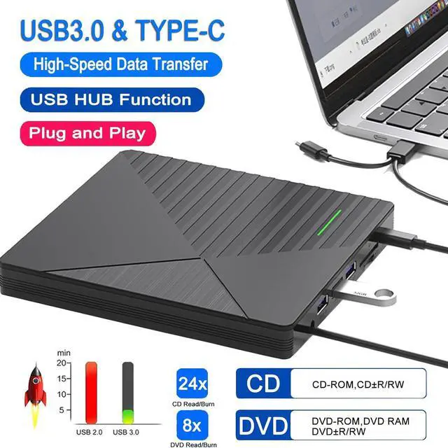 Alt view image 2 of 7 - 7 in 1 External CD DVD Drive for Laptop with 3 USB Ports & TF/SD Card Slots, USB 3.0 & USB-C CD DVD Optical Disc Reader Burner Player for MacBook Pro Laptop PC Windows 11/10/8/7 Linux Mac OS