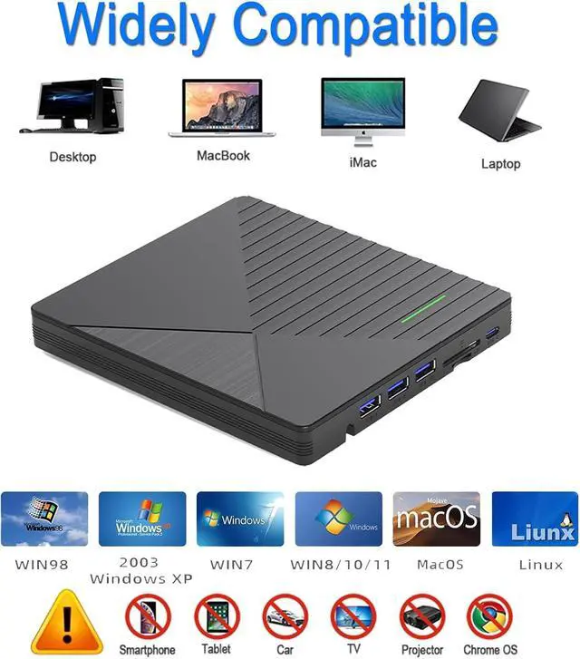 Alt view image 4 of 7 - 7 in 1 External CD DVD Drive for Laptop with 3 USB Ports & TF/SD Card Slots, USB 3.0 & USB-C CD DVD Optical Disc Reader Burner Player for MacBook Pro Laptop PC Windows 11/10/8/7 Linux Mac OS