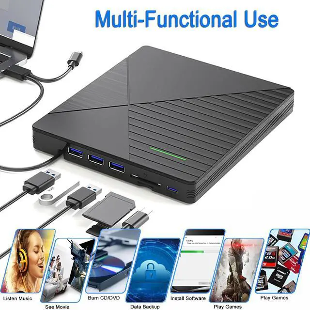Alt view image 3 of 7 - 7 in 1 External CD DVD Drive for Laptop with 3 USB Ports & TF/SD Card Slots, USB 3.0 & USB-C CD DVD Optical Disc Reader Burner Player for MacBook Pro Laptop PC Windows 11/10/8/7 Linux Mac OS