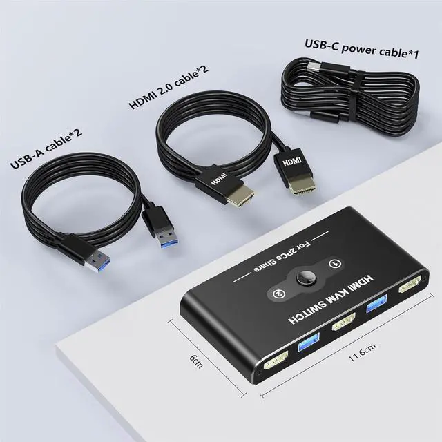Alt view image 7 of 7 - USB HDMI KVM Switch with 4K@60Hz, 2 Port HDMI KVM Switches With 4 USB 3.0 Data Ports, KVM Switch 2 PC 1 Monitor Share Mouse, Keyboard, Printer, Include 2 HDMI cables,2 USB cable, 1 USB-C Cable