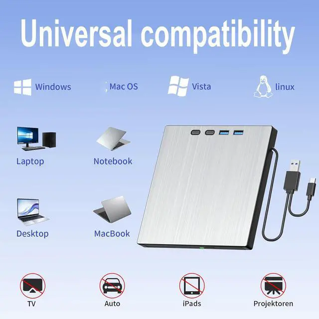 Alt view image 6 of 7 - 7-in-1 External CD DVD Drive, USB 3.0 Type-C CD/DVD Drive External USB with SD/TF Card Reader, External CD Drive for Laptop, Portable External DVD Burner for Windows XP/7/8/10/11, Linux, MacOS