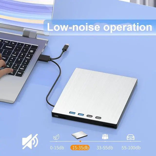 Alt view image 7 of 7 - 7-in-1 External CD DVD Drive, USB 3.0 Type-C CD/DVD Drive External USB with SD/TF Card Reader, External CD Drive for Laptop, Portable External DVD Burner for Windows XP/7/8/10/11, Linux, MacOS