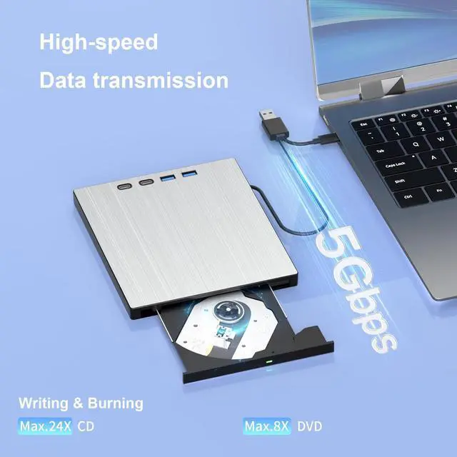 Alt view image 3 of 7 - 7-in-1 External CD DVD Drive, USB 3.0 Type-C CD/DVD Drive External USB with SD/TF Card Reader, External CD Drive for Laptop, Portable External DVD Burner for Windows XP/7/8/10/11, Linux, MacOS